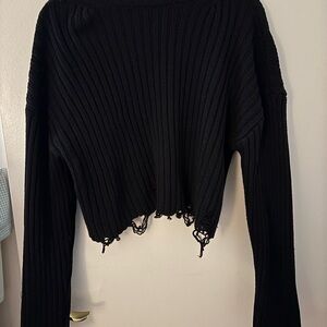 Primark Black Ribbed Distressed Cropped Sweater